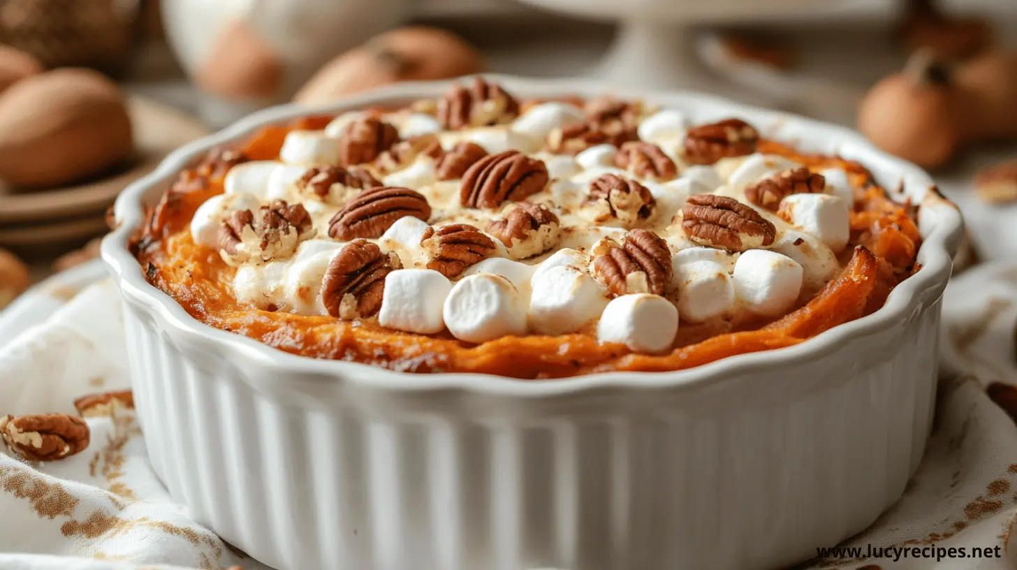 An Old-fashioned sweet potato casserole topped with toasted marshmallows and pecans, served in a white ceramic dish, placed on a patterned cloth