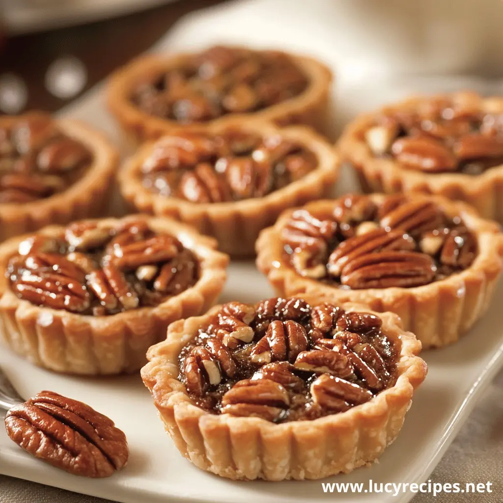 Mini pecan tarts with a flaky golden crust and glossy pecan topping, served on a white platter.