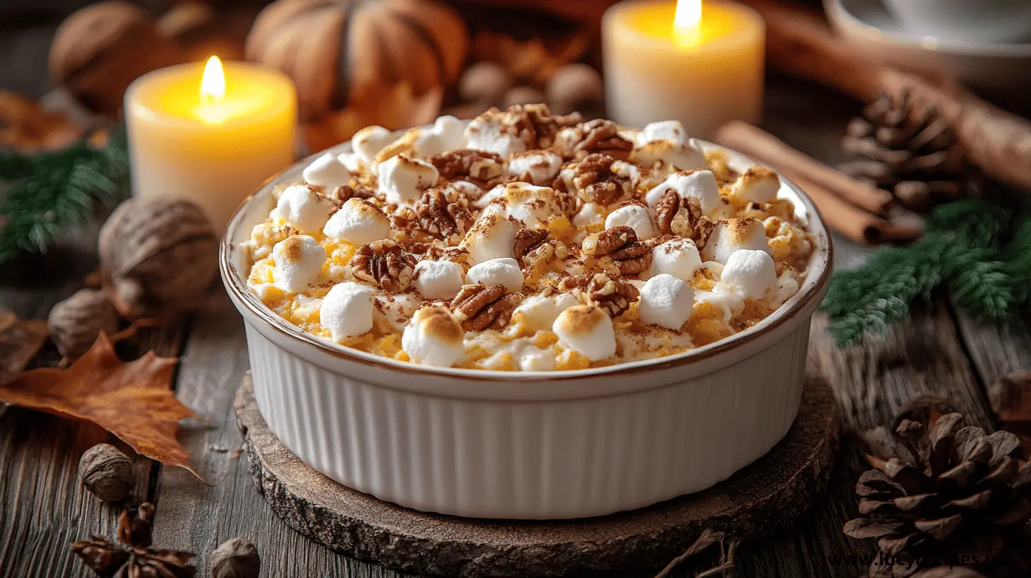 A festive sweet potato casserole topped with toasted marshmallows, pecans, and a sprinkle of spices, surrounded by candles and autumn decor.