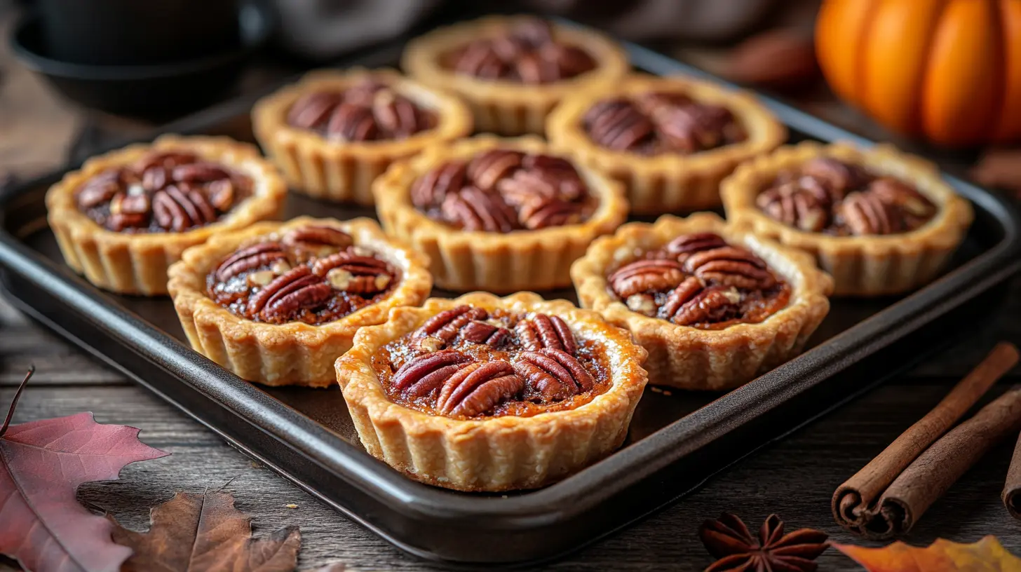 A tray of freshly baked mini pecan tarts with golden crusts and caramelized pecan toppings, surrounded by autumn-themed decor.