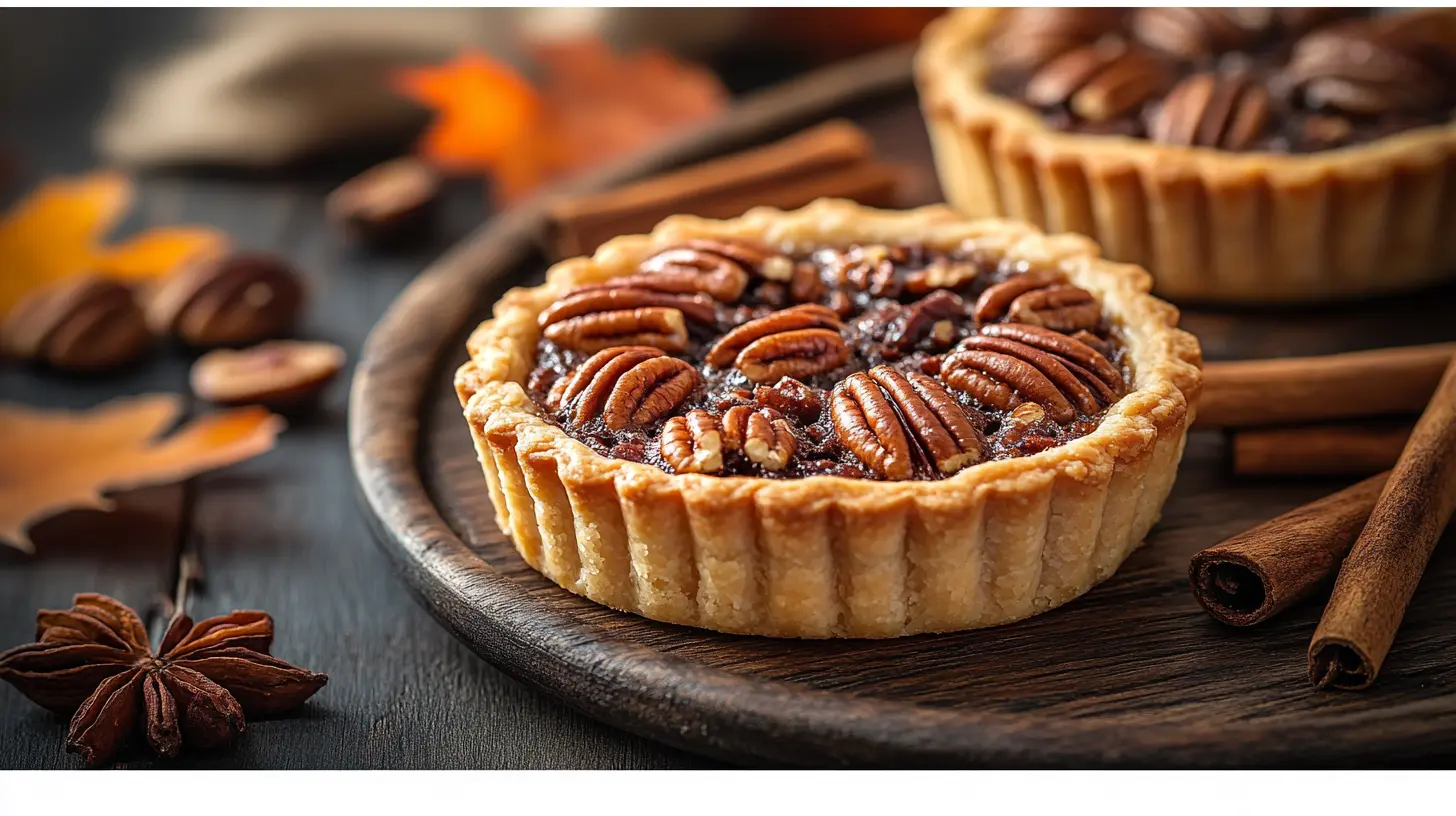 A close-up of a mini pecan tart with a golden crust, rich filling, and whole pecans on top, surrounded by cinnamon sticks and autumn leaves.