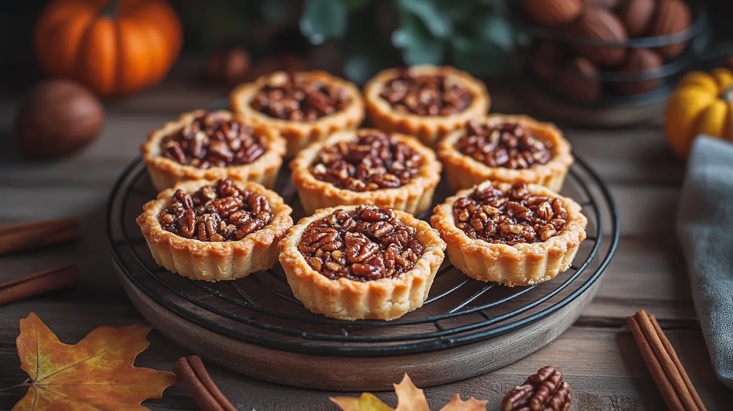 A tray of mini pecan tarts with golden crusts, topped with glazed pecans, set against an autumn-themed background with pumpkins and cinnamon sticks.