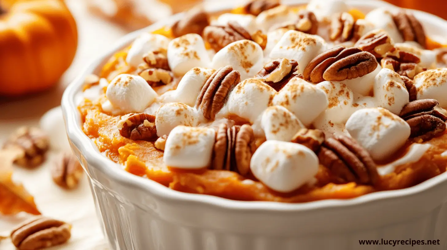 A close-up of a sweet potato casserole topped with toasted marshmallows and pecans, served in a white ceramic dish with a festive backdrop.