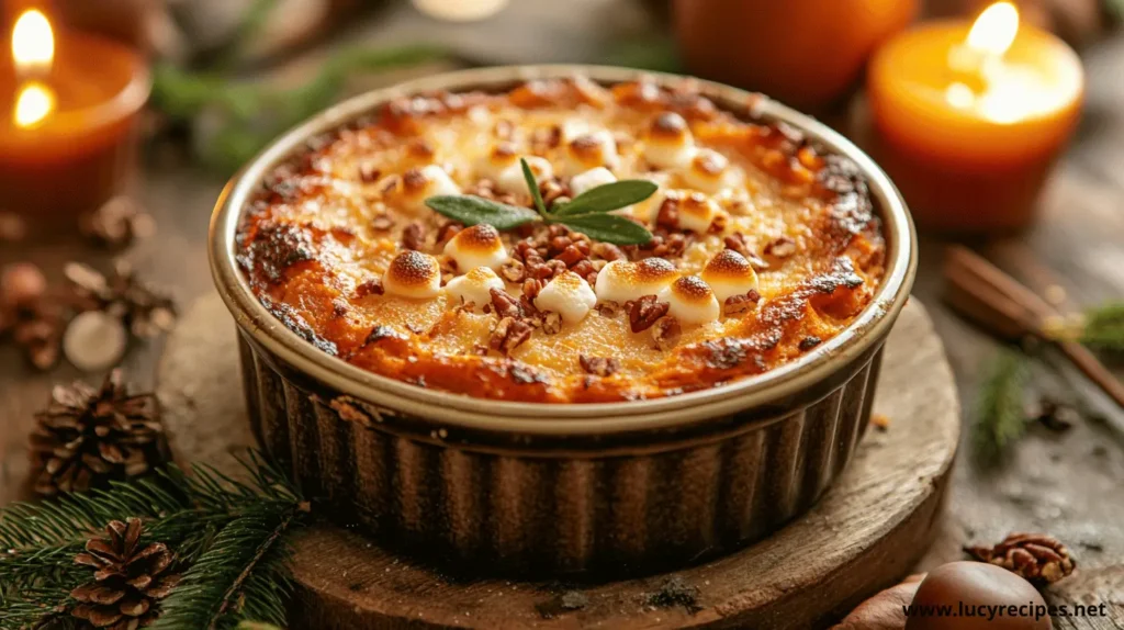 A baked casserole topped with golden-brown marshmallows, pecans, and a garnish of fresh sage, presented in a rustic ceramic dish on a wooden table decorated with pinecones and candles.