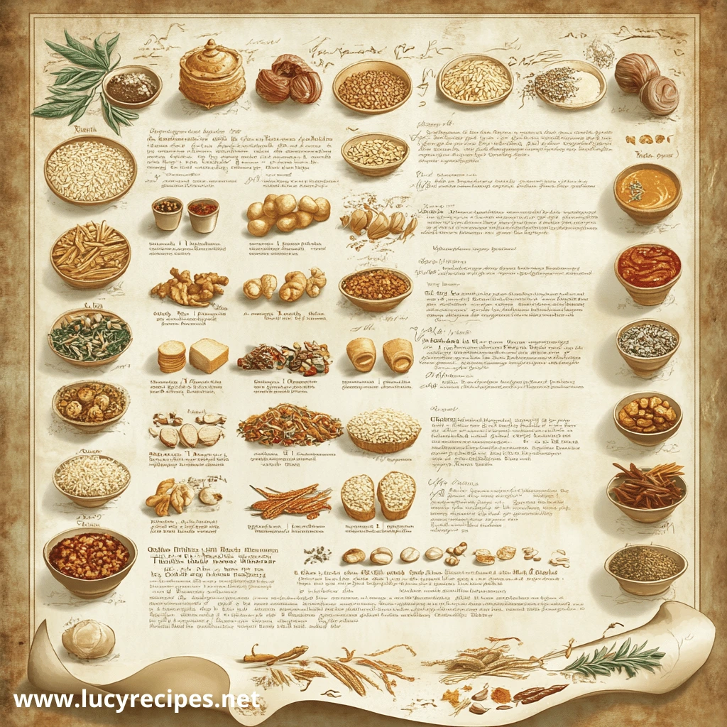 An illustrated culinary chart displaying various cooking ingredients, their descriptions, and uses in an artistic vintage style, offering insights into the phrase 'What Does Butter a Biscuit Mean?