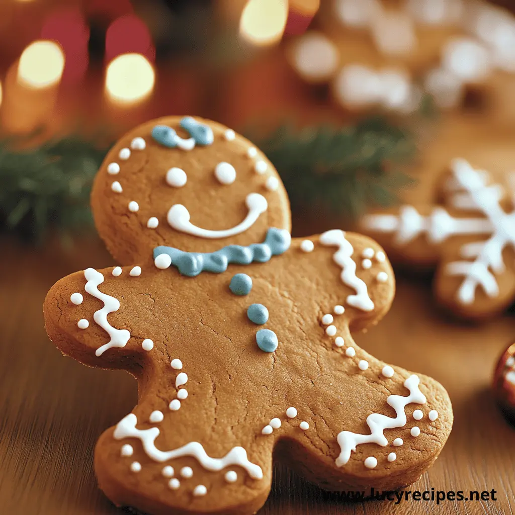 A close-up of a festive gingerbread man cookie decorated with blue and white icing, set against a warm holiday backdrop, exploring Why Did My Gingerbread Men Crack during baking.