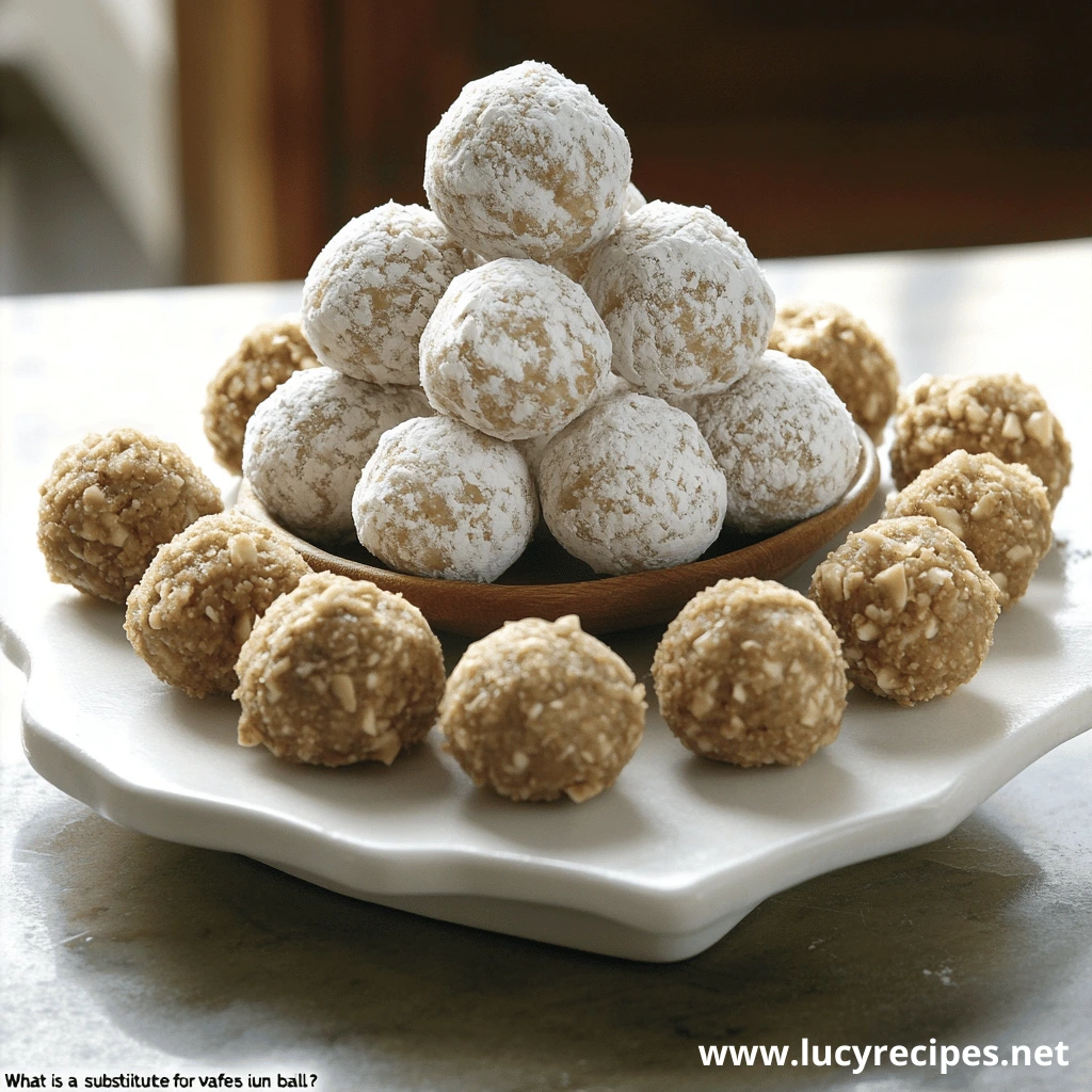 A display of powdered sugar-coated and almond-coated rum balls arranged on a decorative white platter, bathed in natural light.