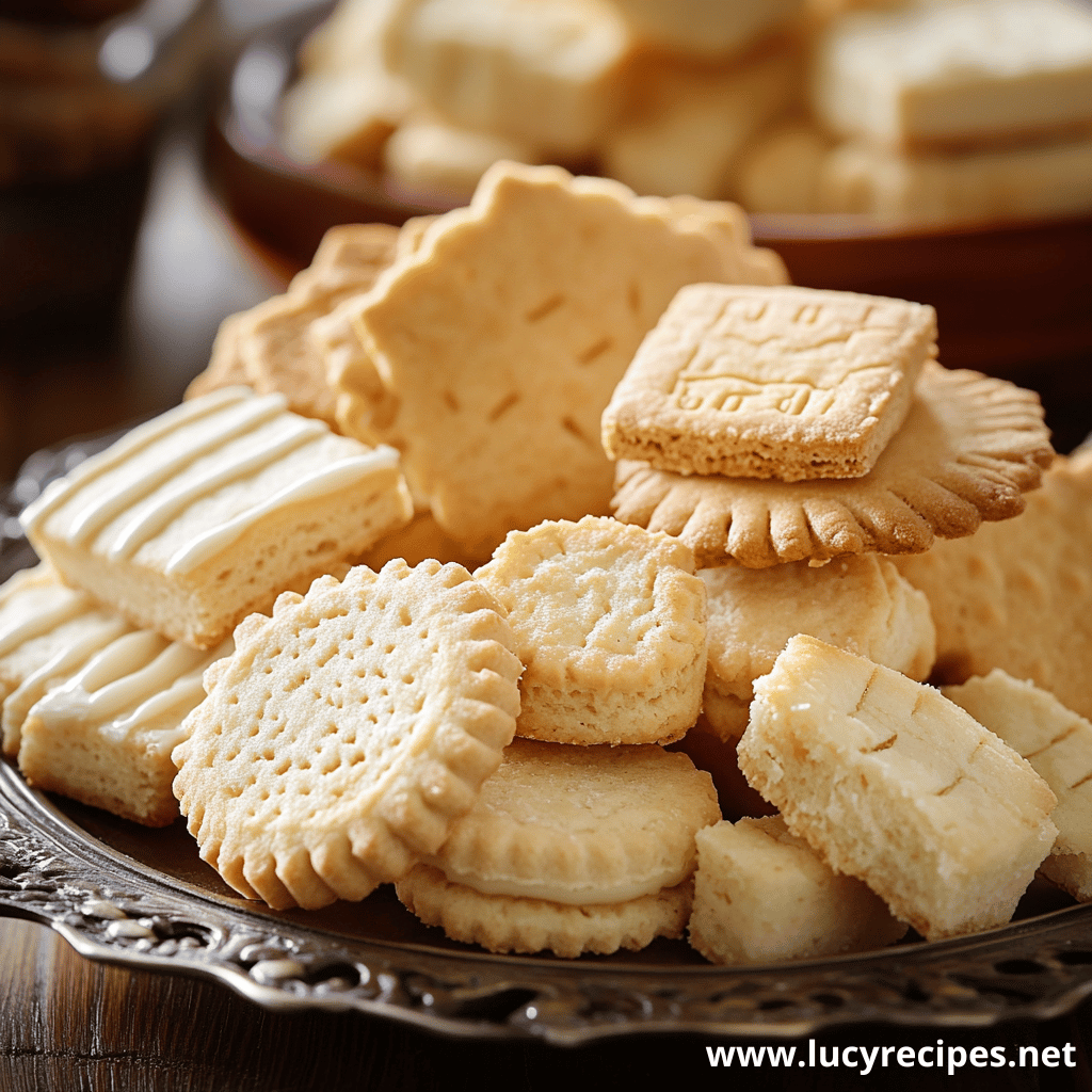 A plate of assorted butter cookies in various shapes and designs, perfect for a delightful treat