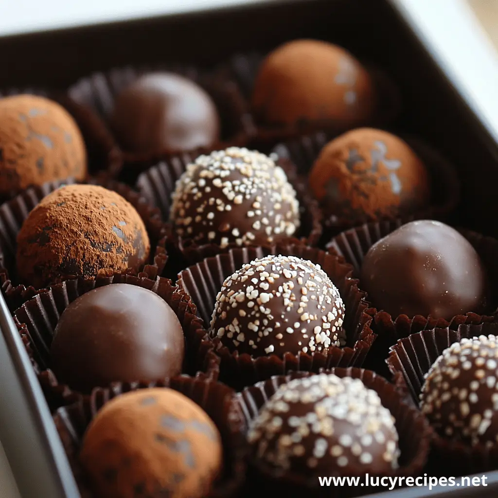 A close-up of a box of assorted chocolate truffles, featuring toppings like cocoa powder, crushed nuts, and chocolate glaze.