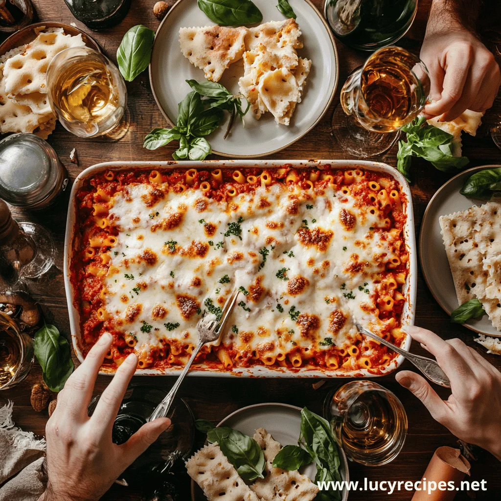 A top-down view of a table set for a meal. A large baking dish filled with baked ziti covered in melted cheese is at the center. People are reaching for the dish with forks. There are glasses of wine and plates with bread on the table.