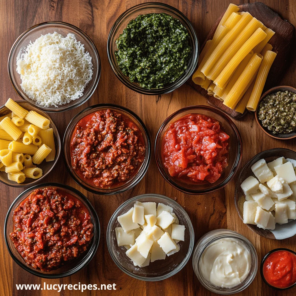 A flat lay showing the ingredients for a baked ziti recipe: rigatoni pasta, marinara sauce, pesto, mozzarella cheese, grated Parmesan cheese, and ricotta cheese.