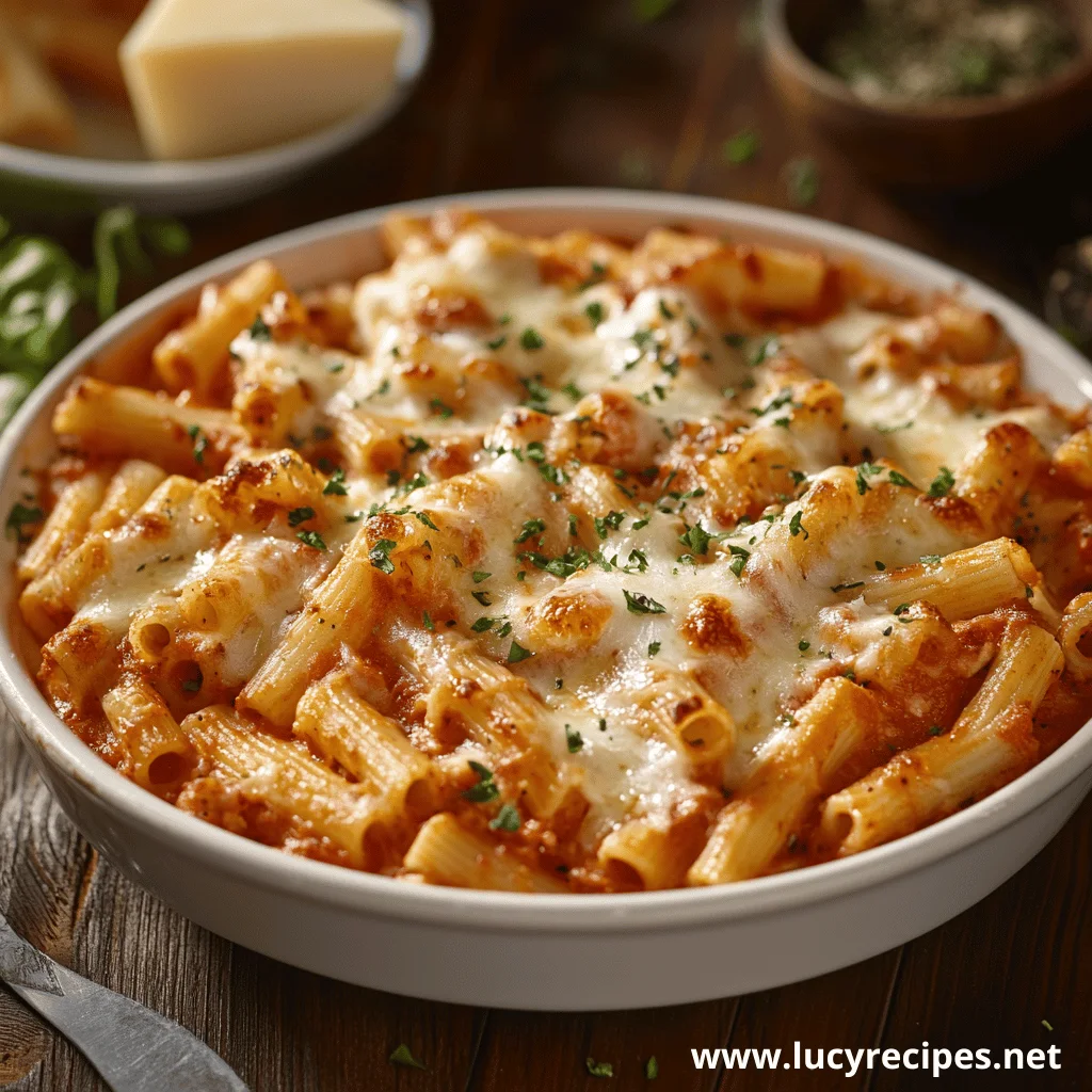 A close-up of a white baking dish filled with baked ziti pasta. The pasta is covered in a thick, red sauce and melted cheese, with a sprinkle of fresh parsley on top.