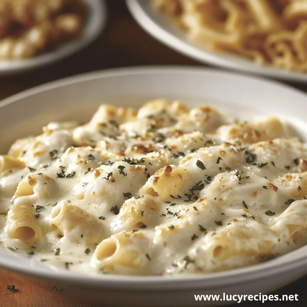 A plate of baked ziti, a classic Italian dish, with a generous layer of melted cheese and a sprinkle of herbs.