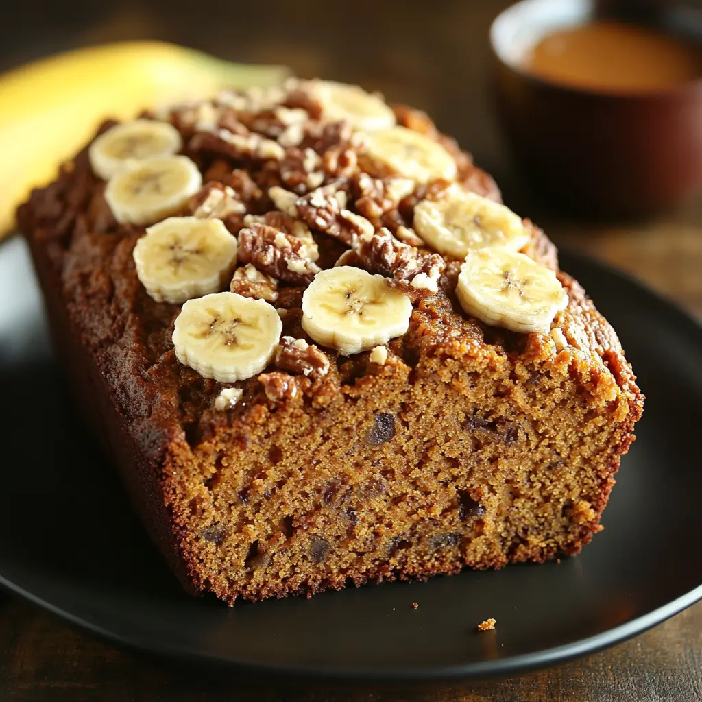 A moist Pumpkin Banana Loaf topped with chopped walnuts and fresh banana slices, served on a black plate alongside a steaming cup of coffee in the background.