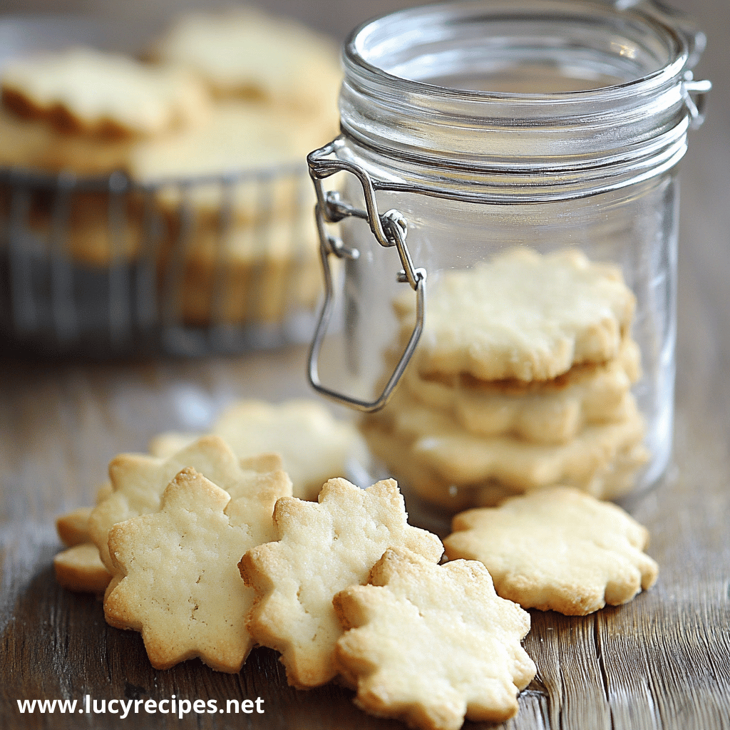 Golden star-shaped shortbread cookies, neatly stored in a glass jar