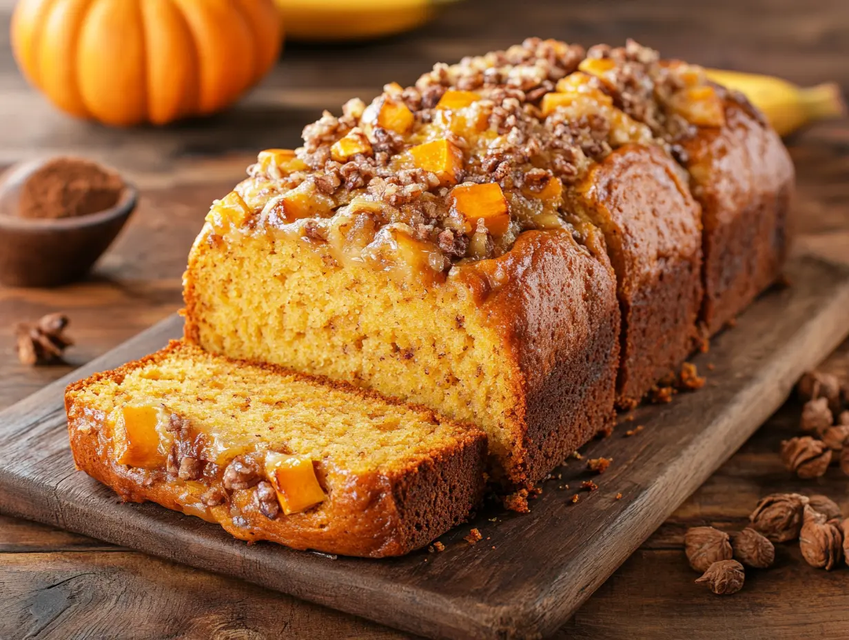 A pumpkin banana bread topped with caramel glaze, diced pumpkin, and pecans, served on a rustic wooden board.