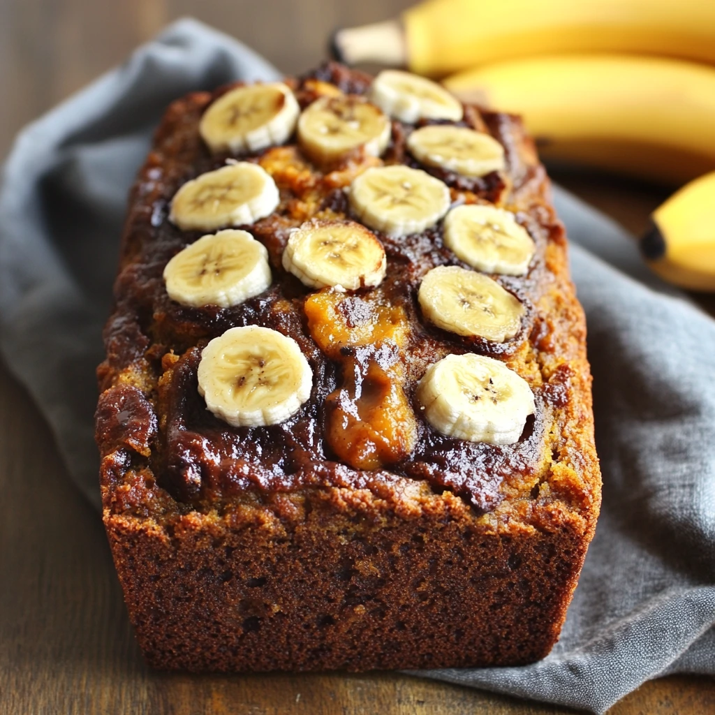 A loaf of banana bread topped with sliced bananas and a caramelized glaze, placed on a dark napkin with fresh bananas in the background.