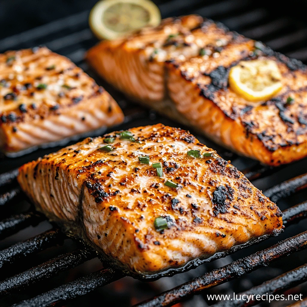 Close-up of seasoned and grilled salmon fillets on a hot grill, garnished with herbs and a slice of lemon, addressing the question Do You Flip Salmon on the Grill for optimal cooking.