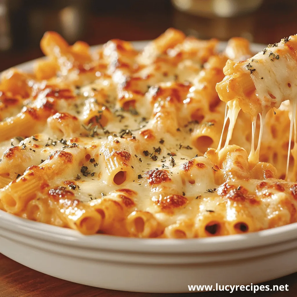 A plate of baked ziti covered in golden melted cheese with fresh herbs.