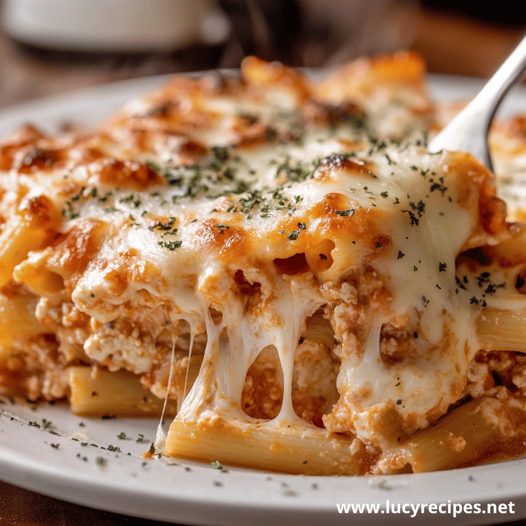 Close-up of cheesy Olive Garden Baked Ziti with melted mozzarella, ricotta filling, and parsley garnish on a white plate.