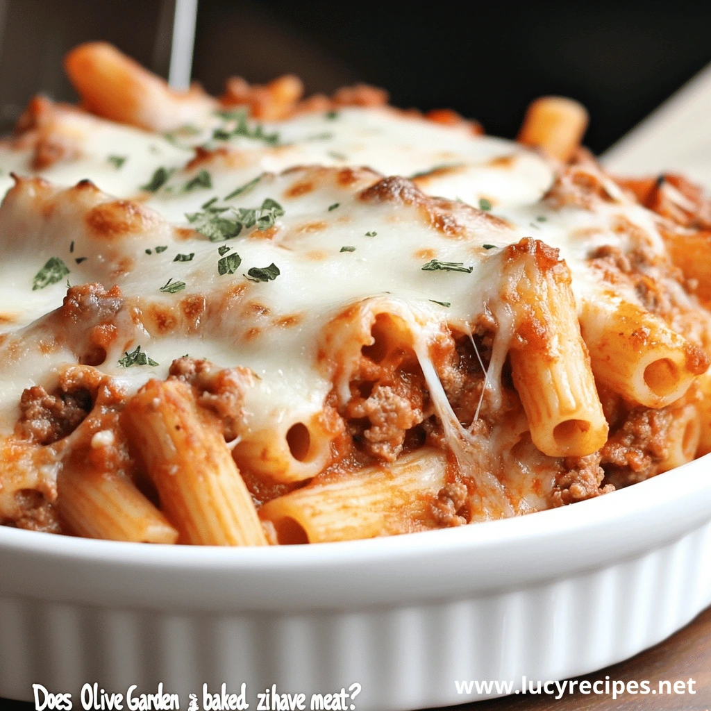 Close-up of baked ziti topped with melted cheese and garnished with parsley in a white casserole dish.