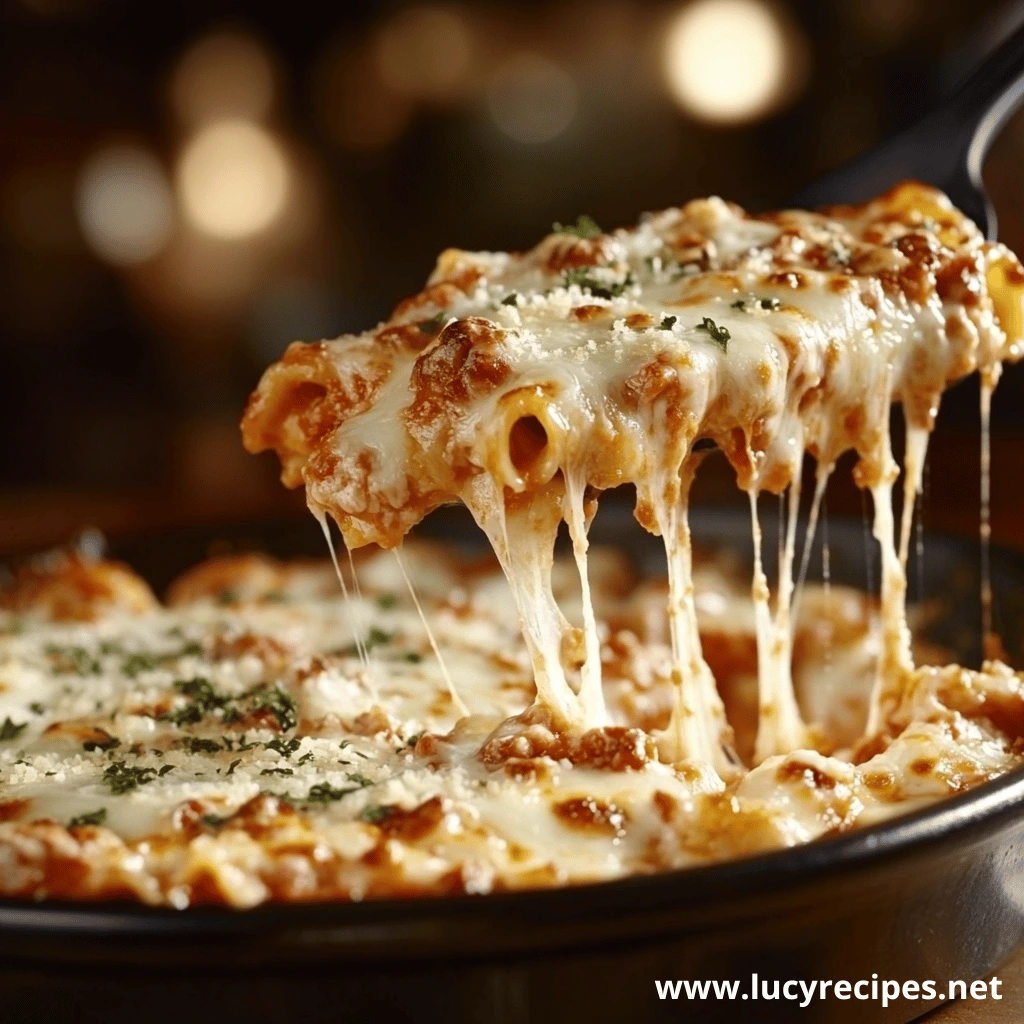 A close-up of a spoon lifting a serving of cheesy baked ziti, with melted mozzarella cheese stretching and a golden brown top.