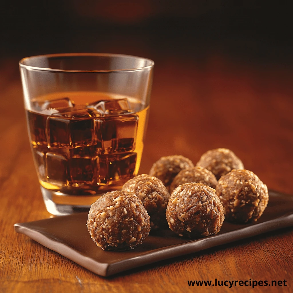 A plate of chocolate rum balls served next to a glass of whiskey filled with ice cubes, set on a wooden table.