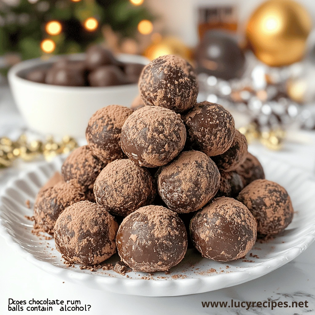 A pyramid of chocolate rum balls dusted with cocoa powder, served on a white plate, with festive holiday decor in the background.