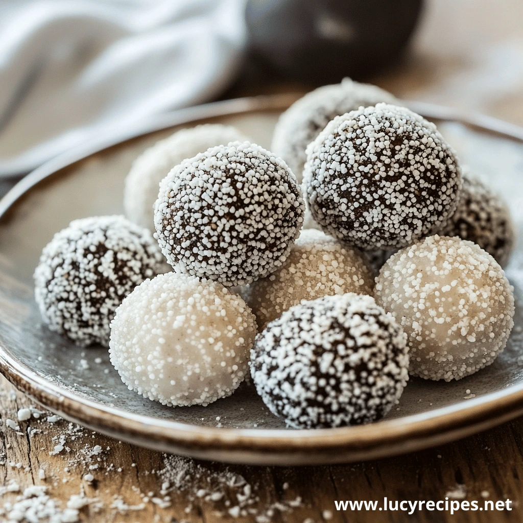 A plate filled with chocolate and white truffles coated in delicate sugar sprinkles.