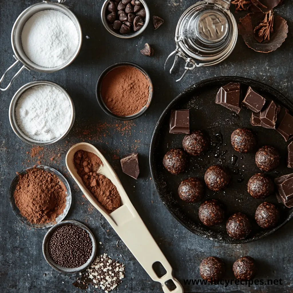 An overhead view of chocolate truffle ingredients, including cocoa powder, powdered sugar, chocolate chips, and chunks of dark chocolate, alongside partially prepared truffles on a dark background.