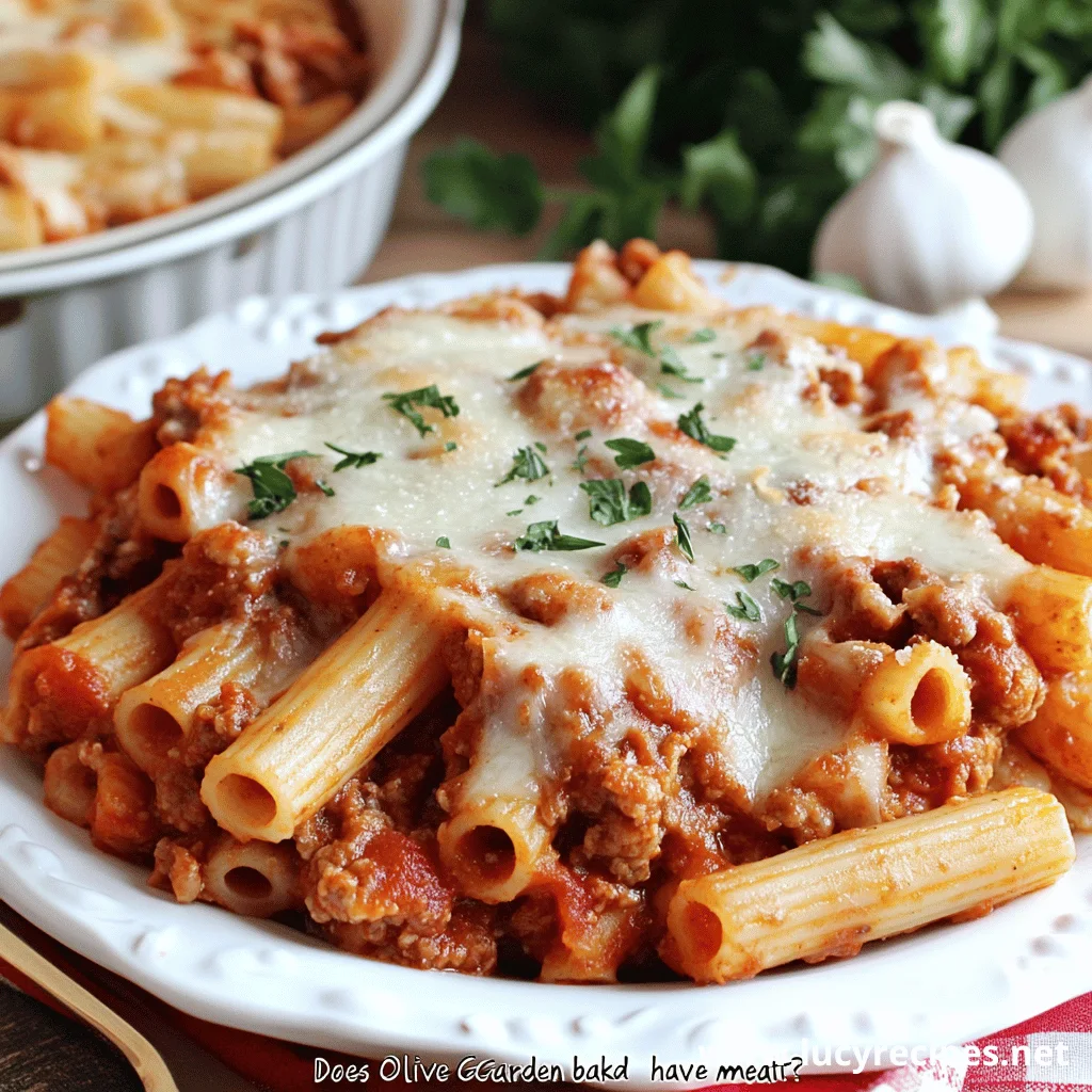 A close-up of baked ziti covered in hearty meat sauce, topped with melted cheese and fresh parsley.