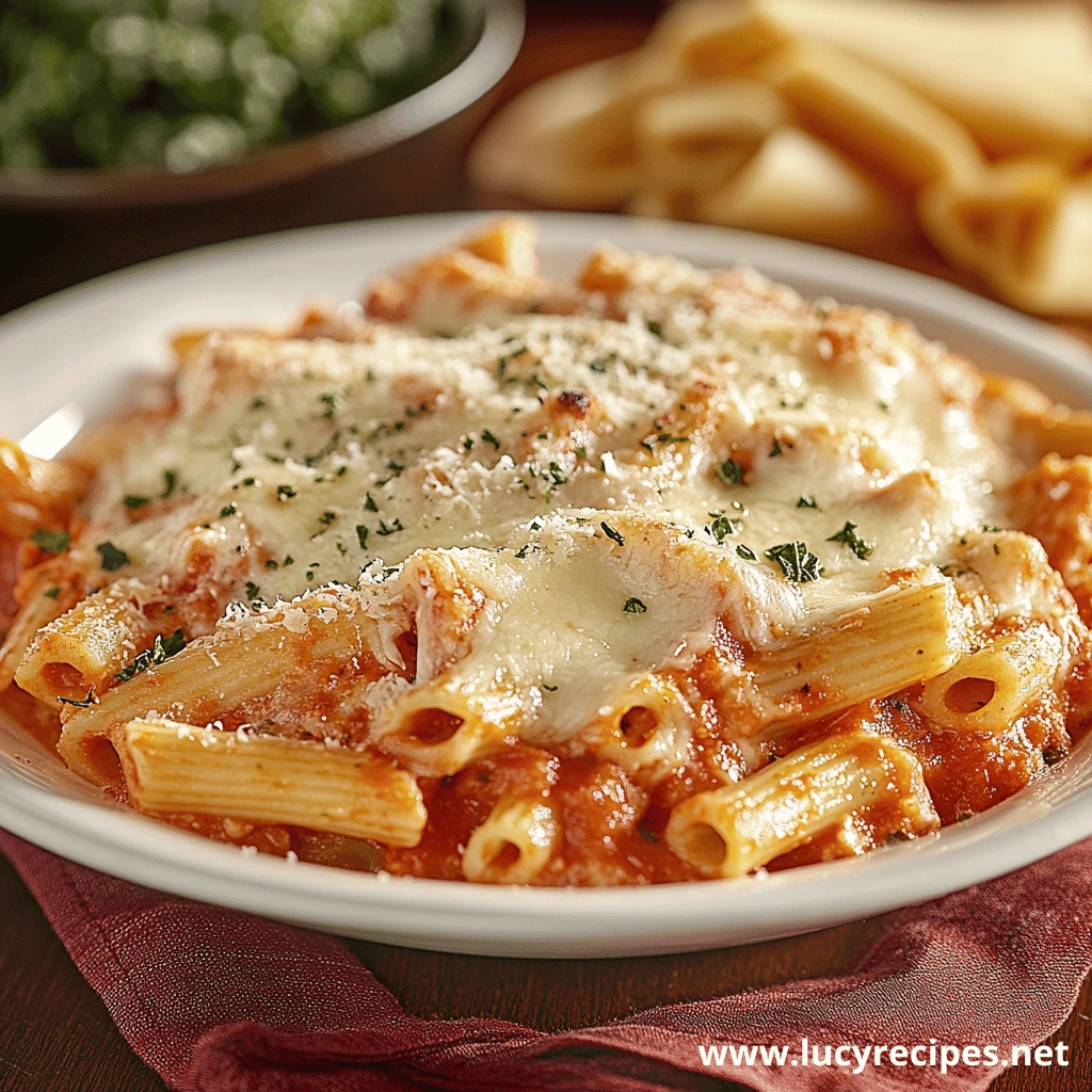 A plate of classic baked ziti topped with melted mozzarella cheese and garnished with parsley, served on a red napkin.