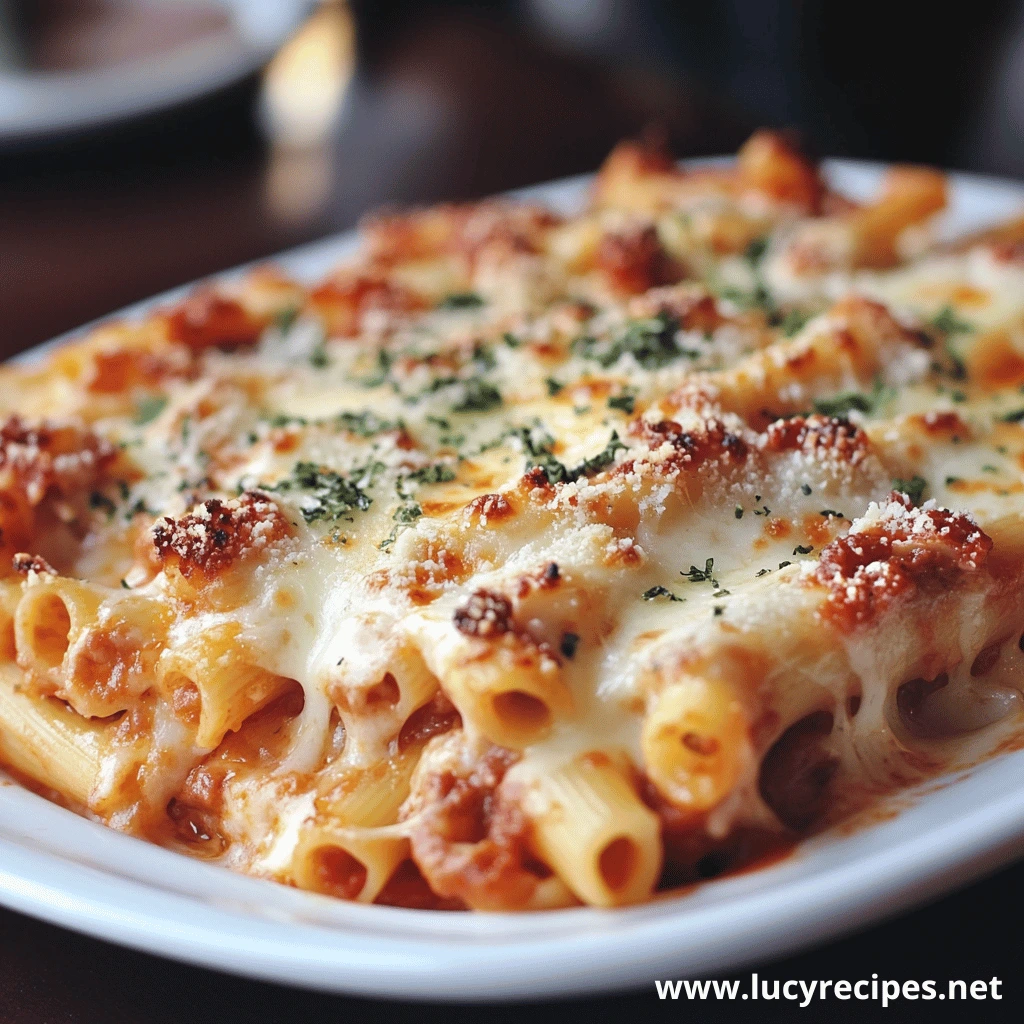 Close-up of golden baked ziti topped with melted cheese, breadcrumbs, and parsley on a white dish.