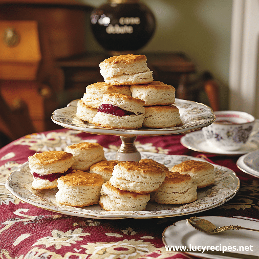 Traditional biscuits served on a tiered stand with a touch of raspberry jam, complemented by a tea set, highlighting the English Name For Buttermilk Biscuits.