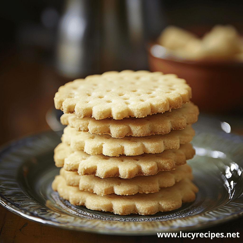 A stack of golden butter biscuits with a scalloped edge, displayed on a vintage plate, prompting the question: Are Butter Biscuits The Same As Shortbread?