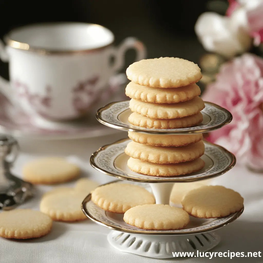 A stack of delicate butter shortbread cookies displayed on a vintage tiered tray, accompanied by a floral teacup.