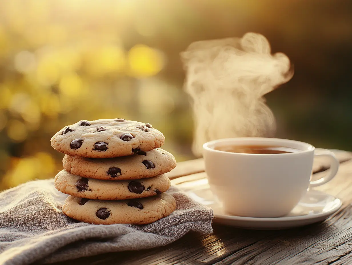 A stack of chocolate chip cookies on a napkin next to a steaming cup of coffee on a rustic wooden table.