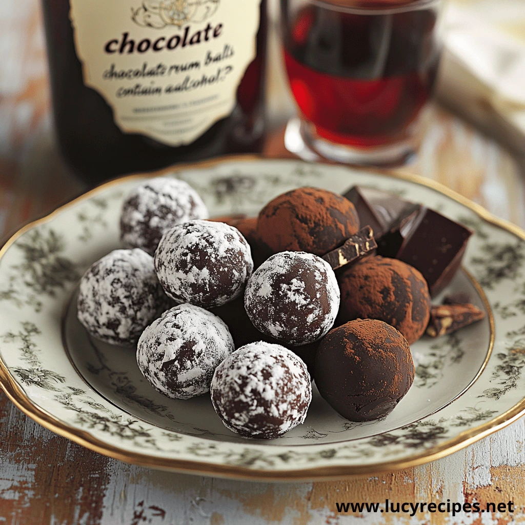 A vintage plate filled with chocolate rum truffles, some dusted with powdered sugar and others coated in cocoa powder, paired with dark chocolate chunks and a glass of red wine in the background.