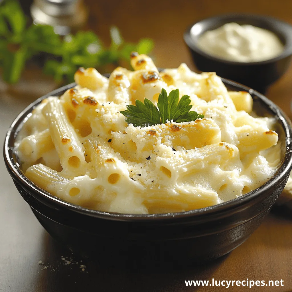 A bowl of creamy Alfredo pasta topped with grated cheese and garnished with fresh parsley, highlighting What Is In The Five Cheese Ziti Olive Garden.