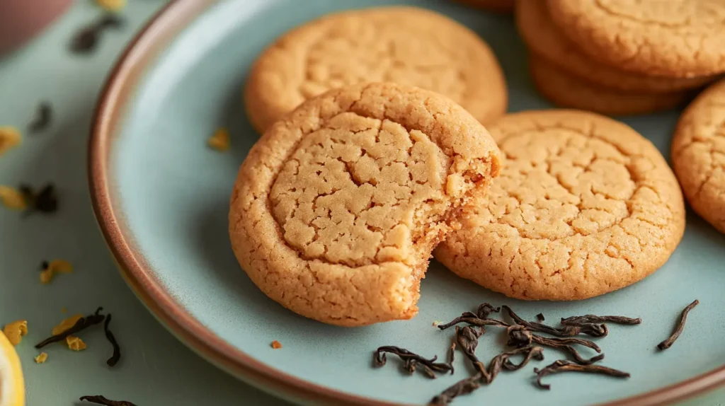 Golden Earl Grey Cookies with a crisp texture, served on a rustic blue plate with loose tea leaves scattered around