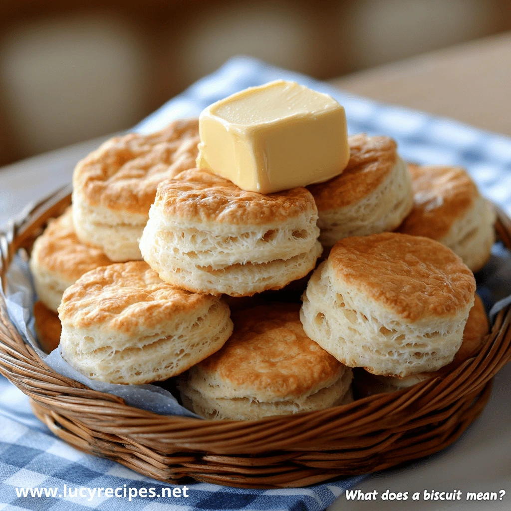 A basket of golden, flaky biscuits topped with a pat of butter, placed on a blue checkered cloth