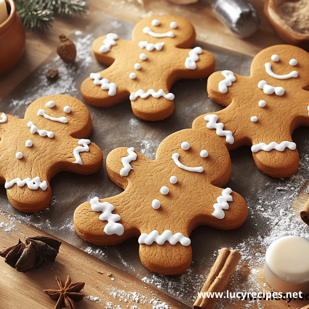 Four beautifully decorated gingerbread cookies with white icing on a baking tray surrounded by spices like cinnamon and star anise, evoking holiday warmth.