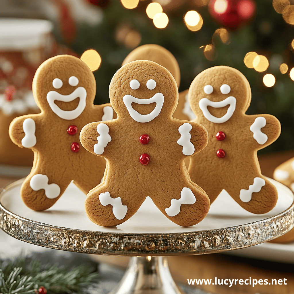 Three smiling gingerbread men cookies, decorated with white icing and red candy buttons, set against a festive background