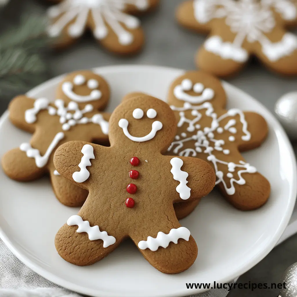 A plate of beautifully decorated gingerbread men cookies with intricate white icing details, perfect for holiday celebrations.