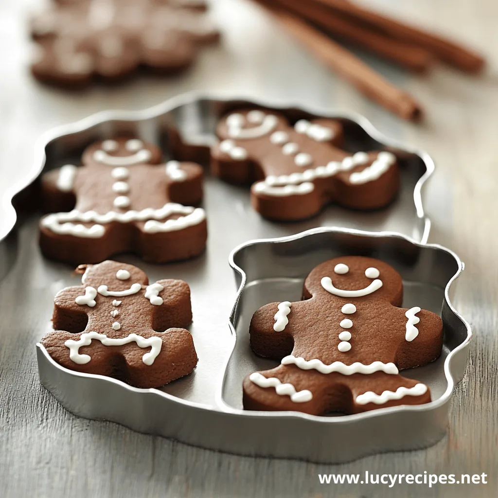 Freshly baked gingerbread men cookies with delicate white icing details, placed inside festive metal cookie cutters on a wooden surface.