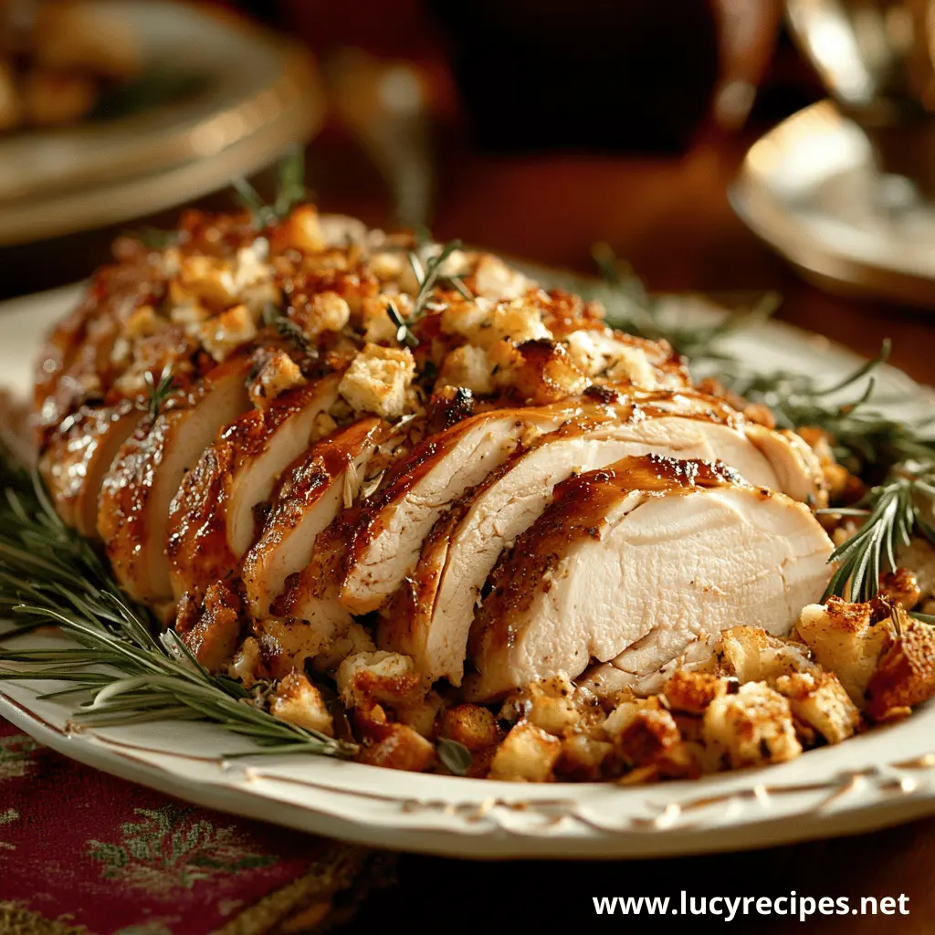 A perfectly roasted turkey breast topped with golden stuffing, garnished with fresh rosemary, served on an elegant platter.