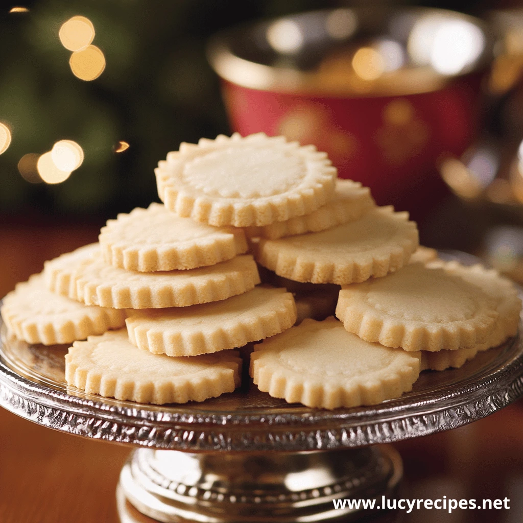 A stack of classic shortbread cookies with fluted edges, elegantly displayed on a silver platter against a festive backdrop, perfect for discovering what are butter biscuits called in holiday traditions