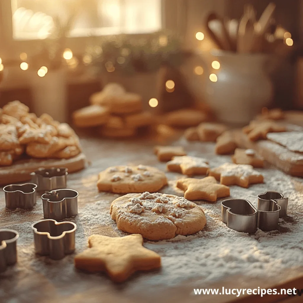 A warm and inviting baking scene featuring freshly cut star and flower-shaped cookies, sprinkled with flour, alongside cookie cutters on a wooden countertop illuminated by soft, golden sunlight.