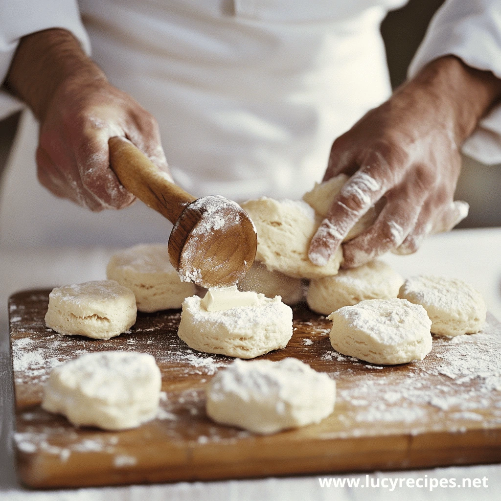 Close-up of hands shaping biscuit dough with a wooden cutter on a floured wooden surface, preparing for Butter Biscuits Christmas baking.