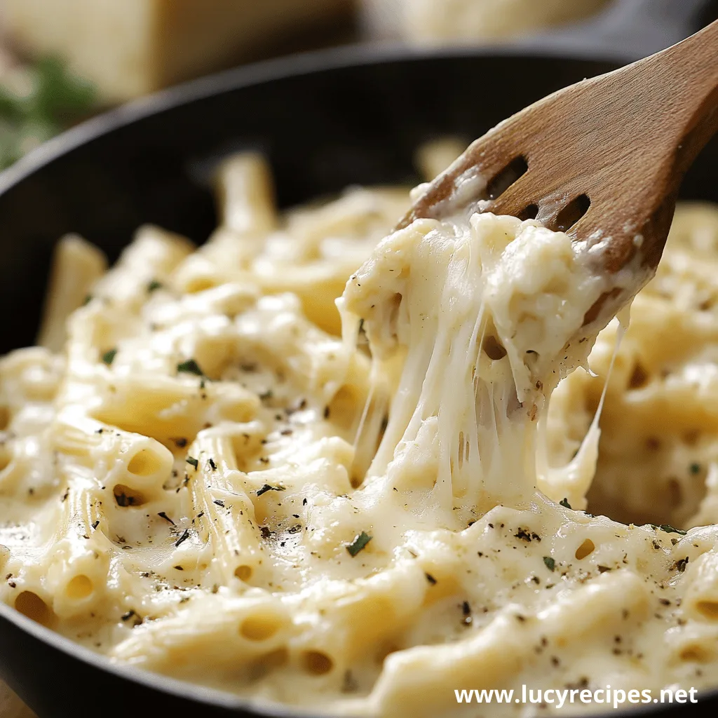 A close-up of a skillet filled with penne pasta coated in a creamy, cheesy sauce, addressing the question Is Five Cheese Ziti From Olive Garden Vegetarian? A wooden spoon is lifting a portion of the pasta, revealing strings of melted cheese.